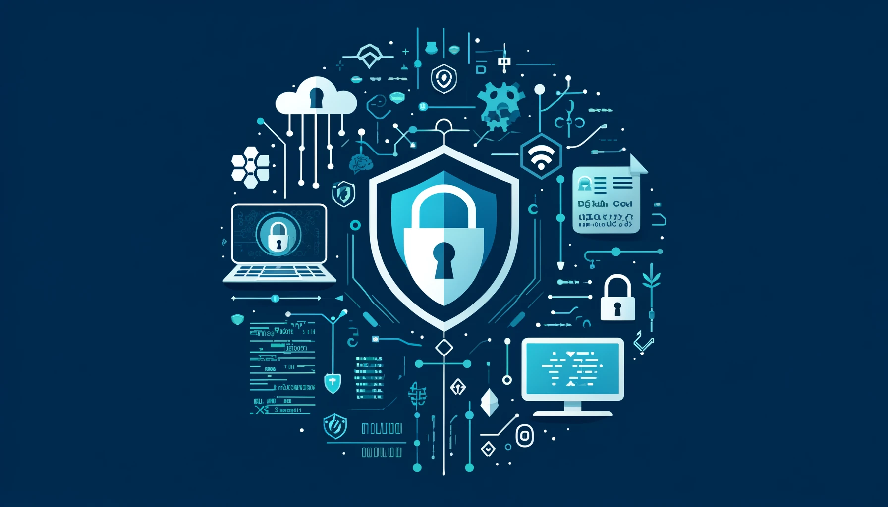 Create a 16:9 image that visually represents the concept of cybersecurity. The image should include symbols like a shield, a lock, digital code, and a computer, to symbolize protection against cyber threats. The design should be approachable and understandable to a general audience, with a balance between technical symbolism and a clear, engaging visual representation. The color scheme should include blues and greens to convey a sense of security and digital technology.