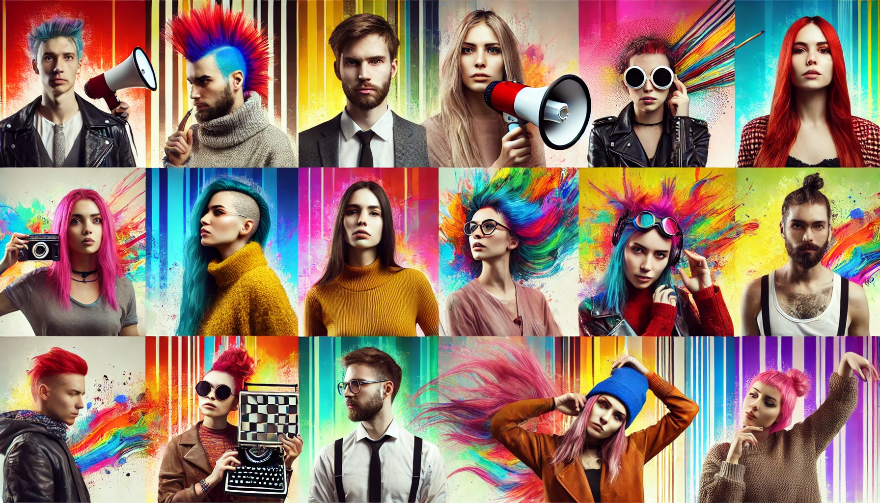 A diverse group of people showcasing their individuality. Some have colorful hair, unique fashion choices, and different expressions. They are engaged in various unconventional activities, reflecting their unique personalities. The background is vibrant and dynamic, emphasizing diversity and self-expression.