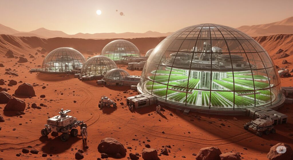 火星の赤い大地に建てられた未来的なガラスドームのコロニー。中では植物が栽培され、人々とローバーが活動している様子が描かれている。